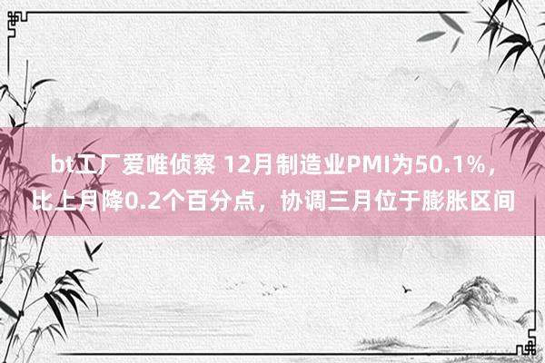 bt工厂爱唯侦察 12月制造业PMI为50.1%，比上月降0.2个百分点，协调三月位于膨胀区间